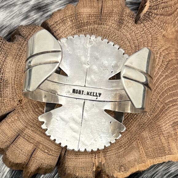 1980s ROBERT KELLY Sterling Silver & Turquoise Cuff Bracelet Fans Fancy Loops - Picture 5 of 6